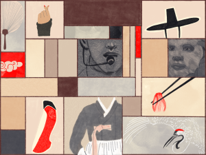 Image: A digital illustration featuring multiple rows of neutral colored rectangles and grey drawings of hidden faces and red and creme colored drawings of a fan, hand, cloud, shoe, a person in a robe, a bird, chopsticks, and a hat. Created by Gaby Febland.