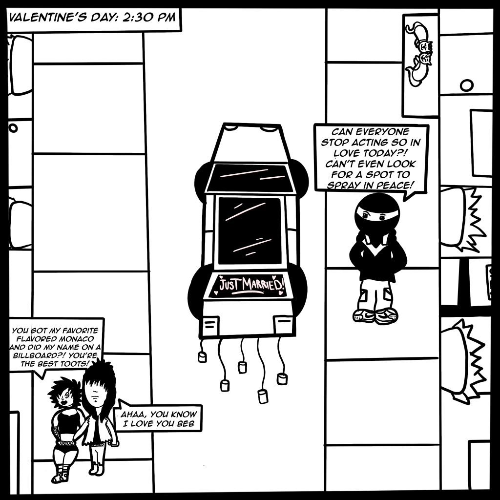 Image: Black and white comic. Digital illustration shows a Buflo on the street irked by the love in the air caused by Valentines day. Created by Buflo.