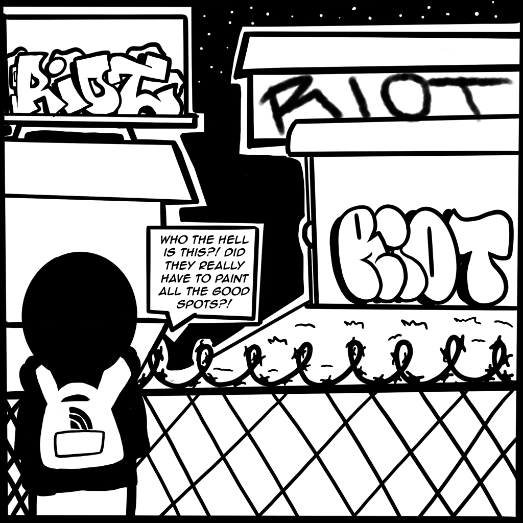 Image: Black and white comic. Digital illustration shows Buflo complaining about the graffiti artist RIOT tagging all the good walls. Created by Buflo.