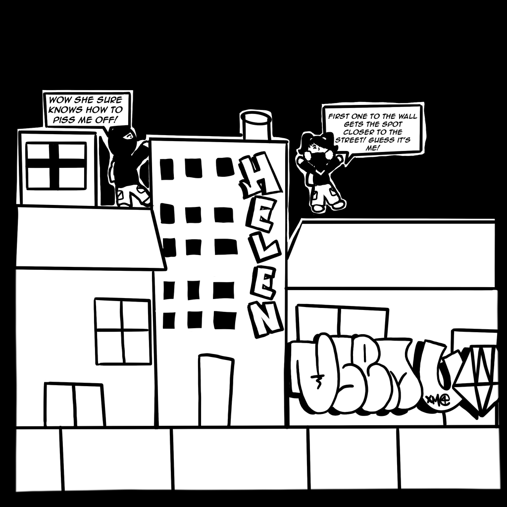 Image: Black and white comic. Digital illustration shows Buflo running across roofs trying to keep up with RIOT. Created by Buflo.