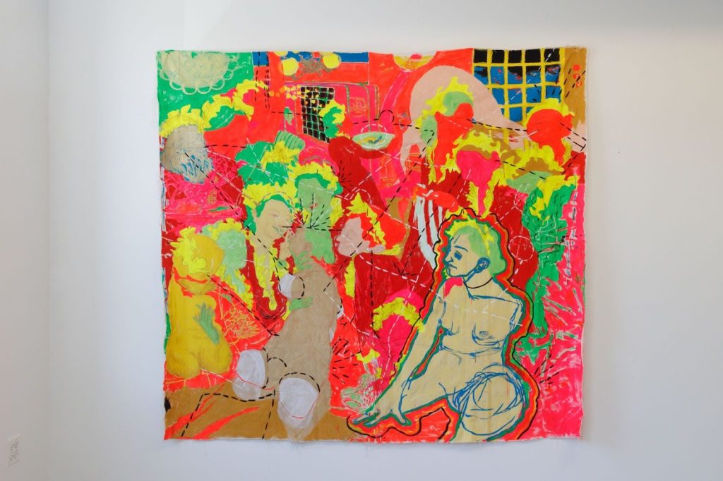 Image: Dasha Shishkin, 2008/2009. ​​This acrylic on canvas depicts a vibrant and chaotic composition dominated by red, yellow, and green hues. It features abstract human figures, some in motion, with a seated, outlined figure on the right. The scene appears fragmented and layered, with overlapping elements and bold brushstrokes. Photo by Tianjiao Wang.