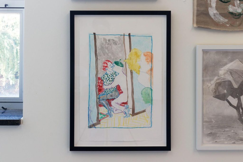 Image: Dasha Shishkin, onions, 2021. A framed watercolor monotype depicts three heads peeking from the right, while on the left, two people are kissing inside a doorway in the hallway. Photo by Tianjiao Wang.