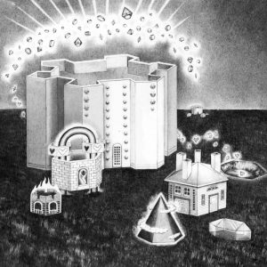 Cover image of “Ear World” by Bella Carlos. A black and white graphite illustration of houses on grassy land. Each house’s perimeter is shaped like a diamond: six-sides each. Behind the largest house which is more complex and taller than the others like an apartment complex. Diamonds float out from the dirt beneath the grass and fly up in the sky and travel around and behind the largest house structure.