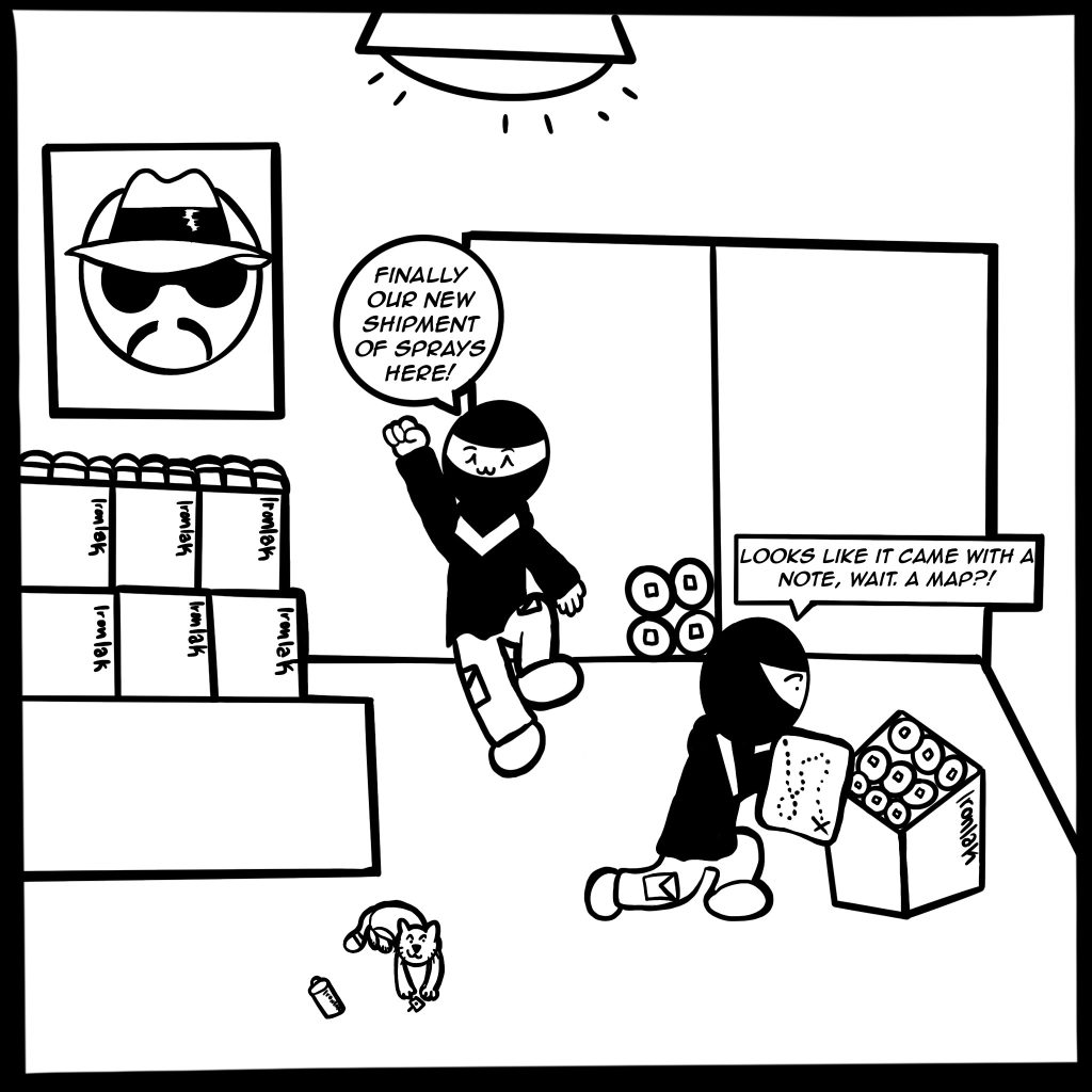 Image: A black and white digital comic page shows two vandals in a room with the lowrider magazine logo poster hanging on a wall. The image shows the vandals speaking to eachother, "Finally our new shipment of sprays is here!" "Looks like it came with a note, wait. A map?!" There are boxes of Ironlak spray cans piled to the right and a small cat playing with a cap on the floor. 