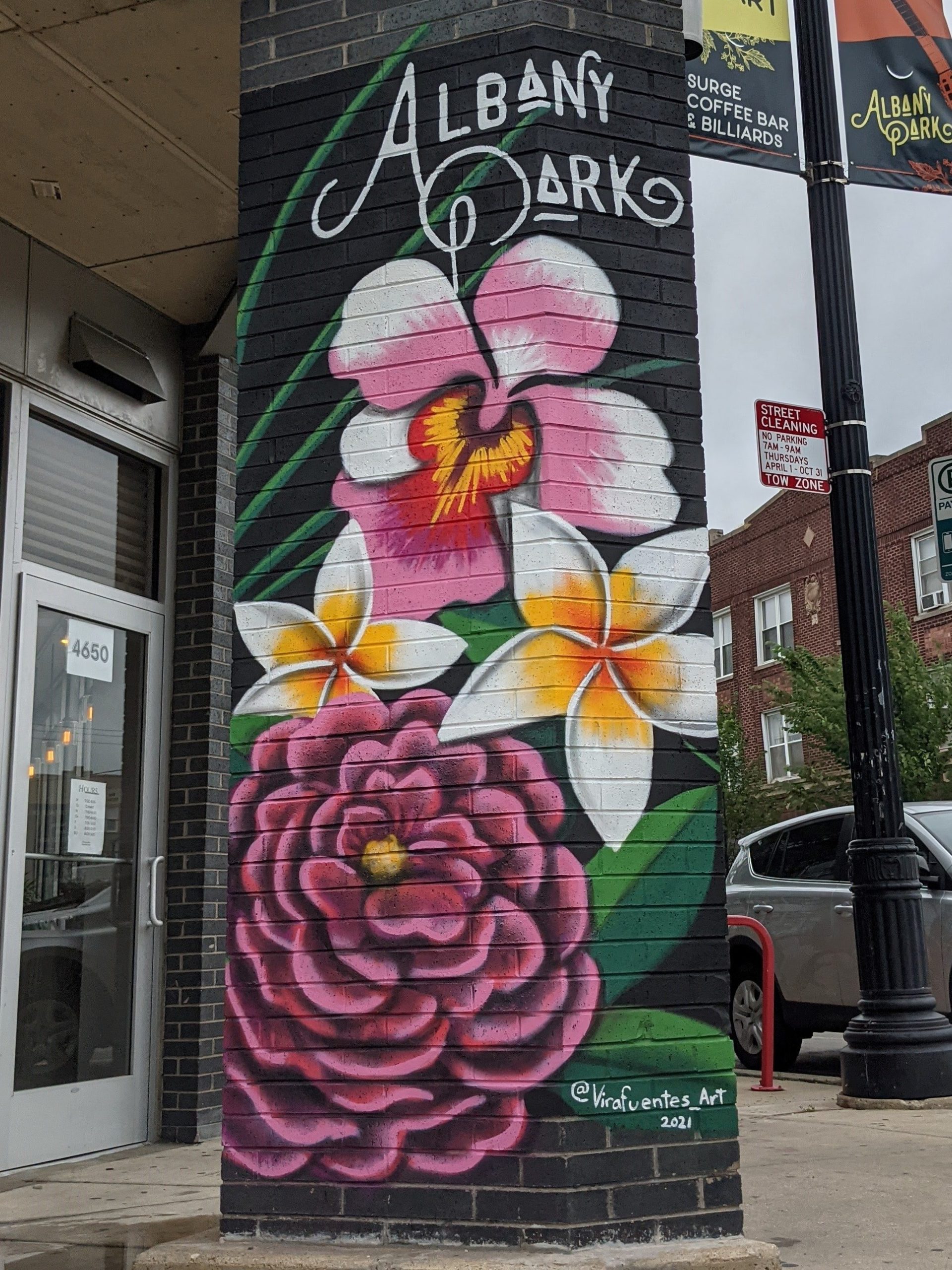 Image: Albany Park mural of flowers on a black background by Virafuentes. The mural is painted on a cafe pillar. Image courtesy of Natalia Virafuentes.