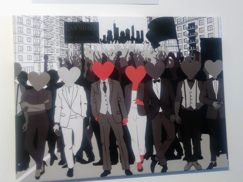 Image: Front Porch artwork (Community Corey's "Heartin Luther King") which is a painting of faces in a crowd drawn with hearts for heads attending a music concert in the city. The two hearts in the center are red and the rest of the image is in black and white. Photo by Andrew Davis.