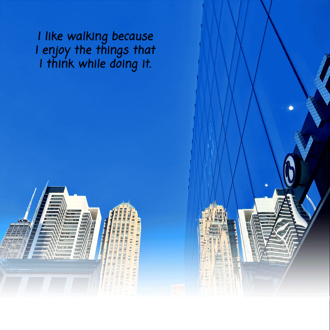 GIF: color gif with an illustration of Bob McCamant walking on a Chicago street surrounded by Chicago high rise buildings. The following text is written in a black font style coming in and out of the frame: "I like walking because I enjoy the things that I think while doing it. An iconic Chicago staple, the Reader paved the way for new ideas and fostered creativity in the printed media. This vital platform needs community support to stay in business and serve the city’s rich cultural landscape." Created by Carlos Matallana.