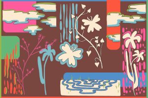 Image: An illustration of a vibrant springtime scene featuring bright pink and blue trees, puffy clouds, and a pond with little green sprouts popping up. Illustration by Alexis Stein