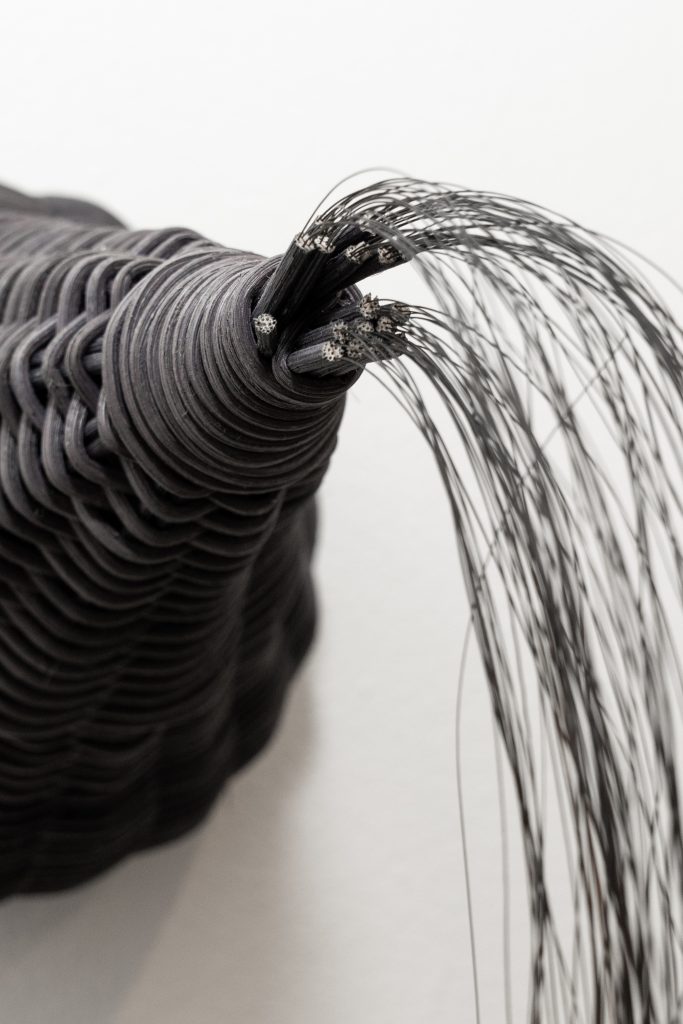Image: ebere agwuncha, bowed lancet catcher featured in soft structures at Chicago Artist Coalition, 2024. Detail image of the horsehair protruding from the reed core. Photo credit: Lyric Newbern.