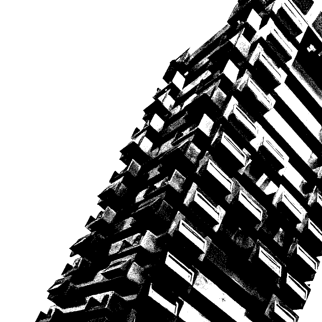 GIF: A black and white illustration of a sculpture by Mauricio López F with the following text appearing in black: when we were looking for a place to live (I'm here with my wife), we came across this old building and it was absolutely noisy. Ironically I came to study an MFA in sound. We began to hear what our neighbors on every floor were doing. We learned to know our neighbors' habits before we knew their faces. When walking, we avoid the floorboards that creak the least, aware of the noise we were making.