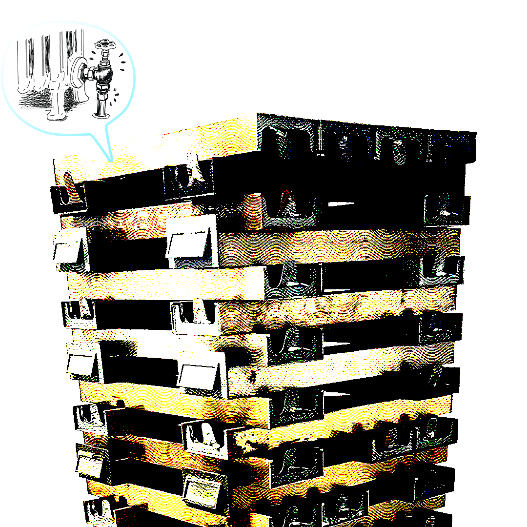 GIF: A color photograph of a sculpture of a building is edited with the following text written in black text inside a quote bubble on top: I worked on the top of the piece for six months, the base took four months. The base obeys other conceptual reasons. The origin of materials is something that amuses me greatly; it was used to catalog stones.