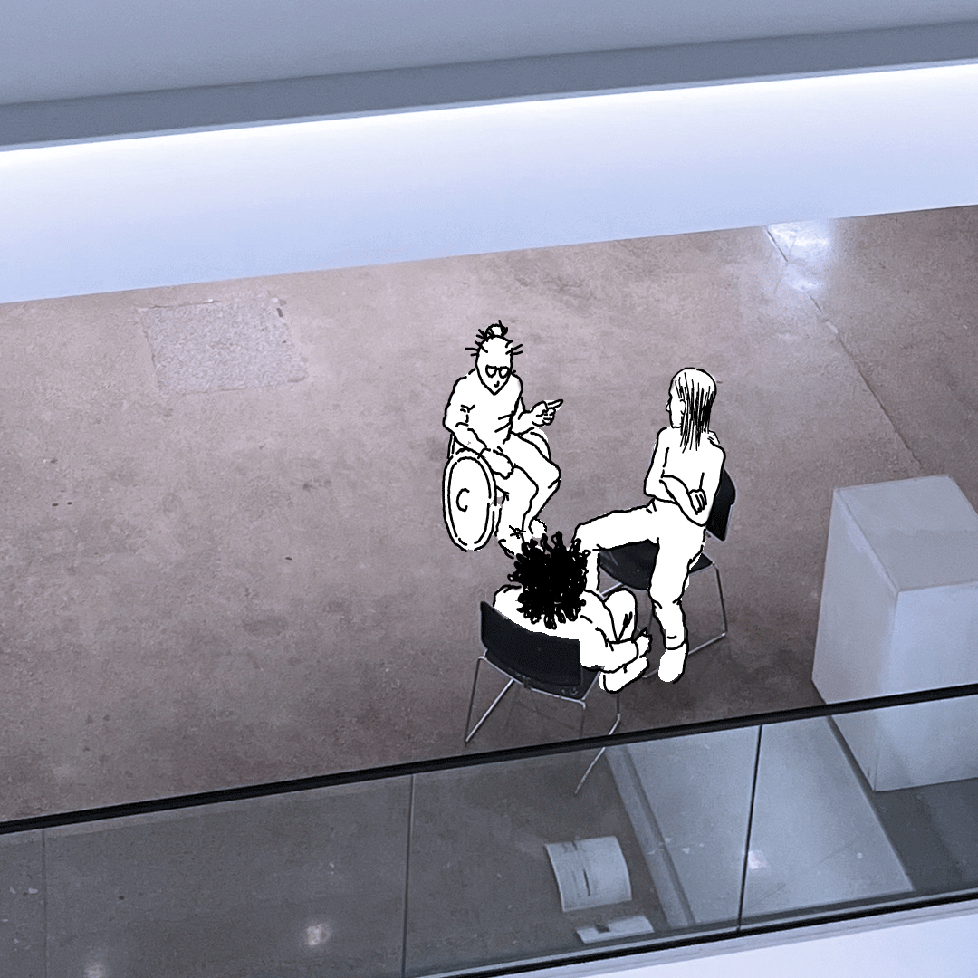 GIF: An image of illustrated tio and his non gendered nephews conversing after experiencing the exhibition: I really like the pragmatism of bare objects, their function shifting reveals our precariousness in our routines.
Una metáfora poderosa, la intervención del espacio con dispositivos de "seguridad" crean una sensación de inestabilidad, peligro, y reflexion social.
Nos obligan a interactuar con ellos.
El artista logra transmitir un mensaje profundo sobre el la precariedad laboral y la vulnerabilidad de los trabajadores migrantes.
Esos conos trasladan la inseguridad laboral de este espacio.
Si, esos movimientos impredecibles generan caos.
A true chilean anarchitect...