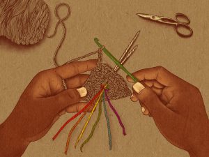 Image: An illustration of a pair of hands crocheting. The skein of brown yarn and a small pair of scissors sit at the top of the image. The person uses a green crocheting needle for the small, brown triangle they are working on. Six different colored threads burst out from the center of their crocheting-red, orange, yellow, green, blue, and purple. Illustration by summer mills