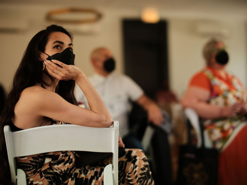 Image: Kerry Cardoza, arts writer and editor at the Chicago Reader, listens intently to Convening session presenters. Image made by Seed Lynn (@seedlynn).