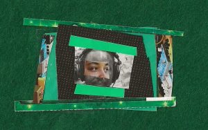Image: Layered paper collage on green. The head of a figure wearing black headphones is framed in the center of the collage. Image by Bri Robinson (@niq.uor).