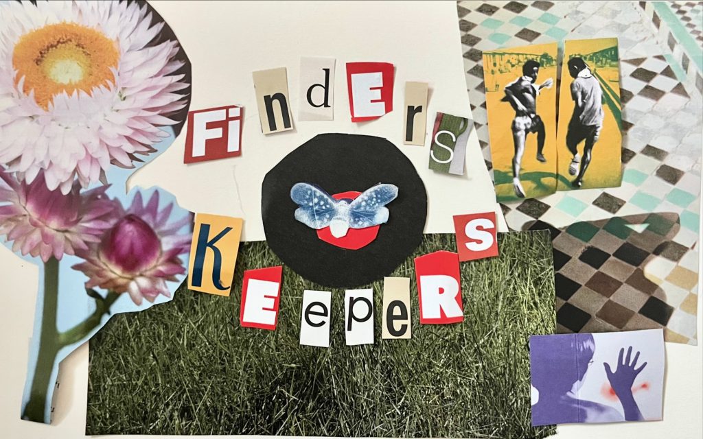 Image: Promotional collage-like graphic for Finders Keepers which features the letters of the station's name over green grass and positioned around an image of a moth. Images of flowers, runners, floor tiles, and a child can be seen around the station's name. Image courtesy of Finders Keepers.