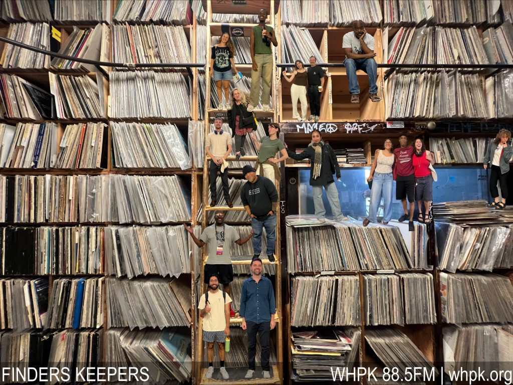 Image: Finders Keepers promotional graphic featuring seventeen of its DJs who have been photoshopped and miniaturized. They are placed climbing on a ladder or standing on shelves full of records. Image courtesy of Finders Keepers.