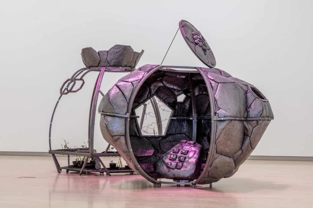Image: Beatriz Cortez (Salvadoran, b. 1970), Chultún El Semillero, 2021. Steel, plastic, paper, soil, corn, beans, amaranth, quinoa, morro gourd, achiote seeds, sorghum, potatoes, chayote/huisquil, and ceiba plant, approx. 60 x 84 x 204 in. (152.4 x 213.4 x 518.2 cm). Installation view, Seeds: Containers of a World to Come, Kemper Art Museum, Washington University in St. Louis, 2025. Courtesy of the artist and Commonwealth and Council (Los Angeles / Mexico City). Photo by Joshua White / JWPictures.com. A space-age-like steel structure, whose handcrafted surface evokes an epidermal layer dotted with dimples, creases, and folds. Inside the structure is a seed bank and a living garden with plants native to the Americas.