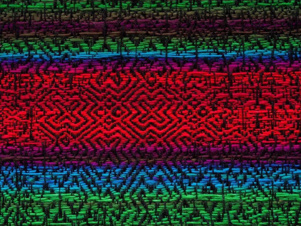 A close-up image of the edge of a pixellated, jacquard textile. The textile alternates between red, purple, blue, and green. 