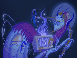 Image: A mythical, cyborg-like creature floats in a dreamlike space. Illustration by Jasmina Cazacu.