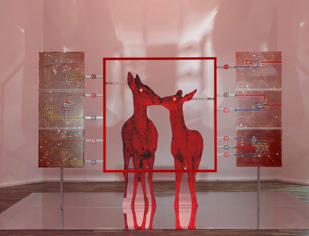 A sculpture of two red deer kissing inside a red frame and connected to two panels on either side of the sculpture that resemble two circuitry panels.