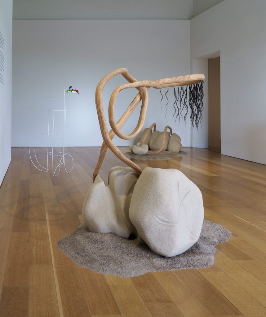 Image: Installation view of Blas Isasi’s sculptures in the back of the gallery, from left to right, A flower is just the shape of an idea (A), 1,001,532 CE (A), and 1,001,532 CE (B). Photo courtesy of Charlotte Street Foundation.