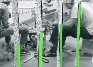 Image: An analog collage made with paper featuring a black & white image of two people sitting in front of various instruments–bells, xylophone, triangle, and more. The image itself is cut into five sections divided by a textured background and strips of green paper. Header image created by bri robinson.