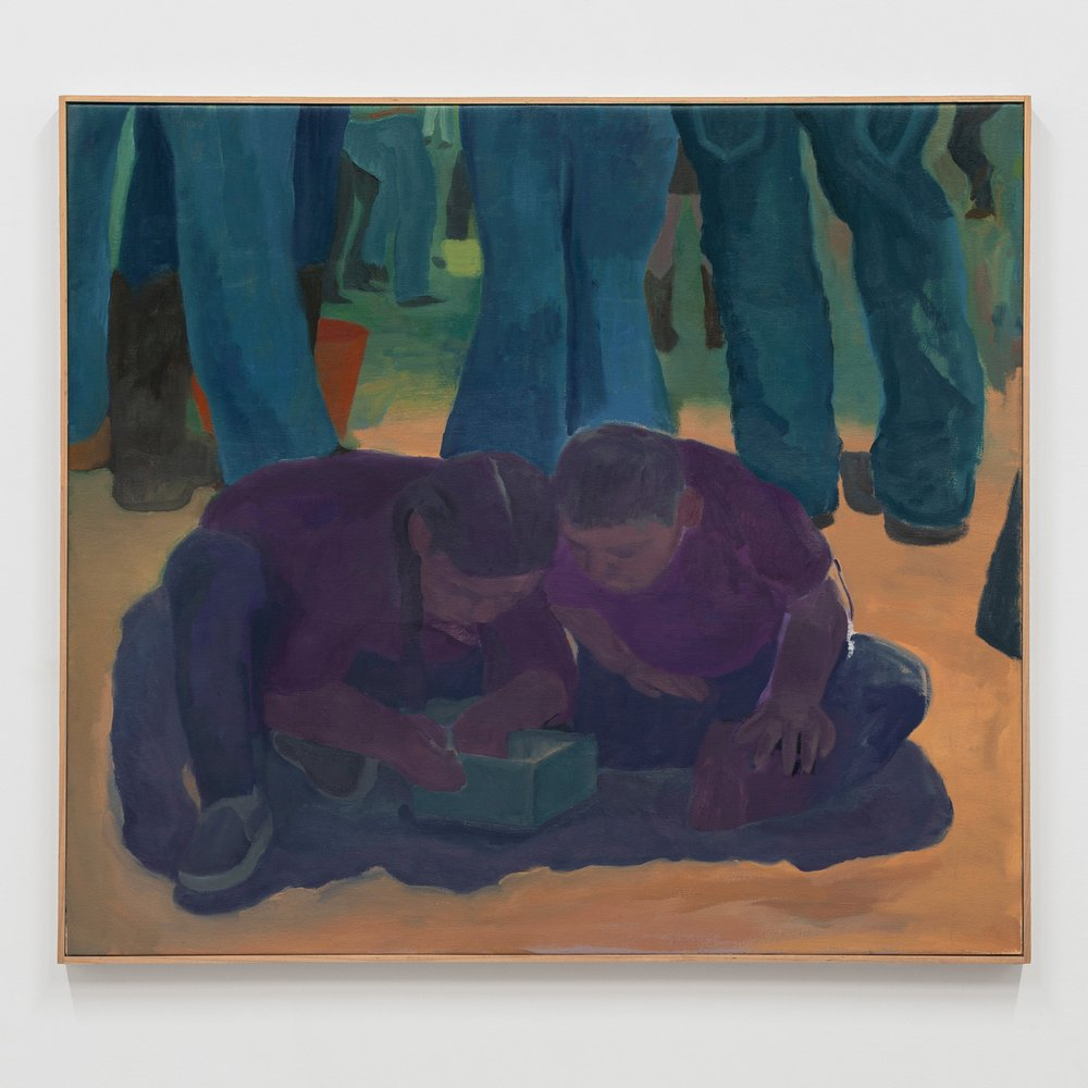 Image: The painting on the wall depicted two children, seated on the ground, leaning over a small, light teal-colored object. Their clothing appears in shades of purple and dark denim blue. Other figures are visible in the background, mostly legs and lower bodies, clad in various shades of blue jeans. Image courtesy of the artist.