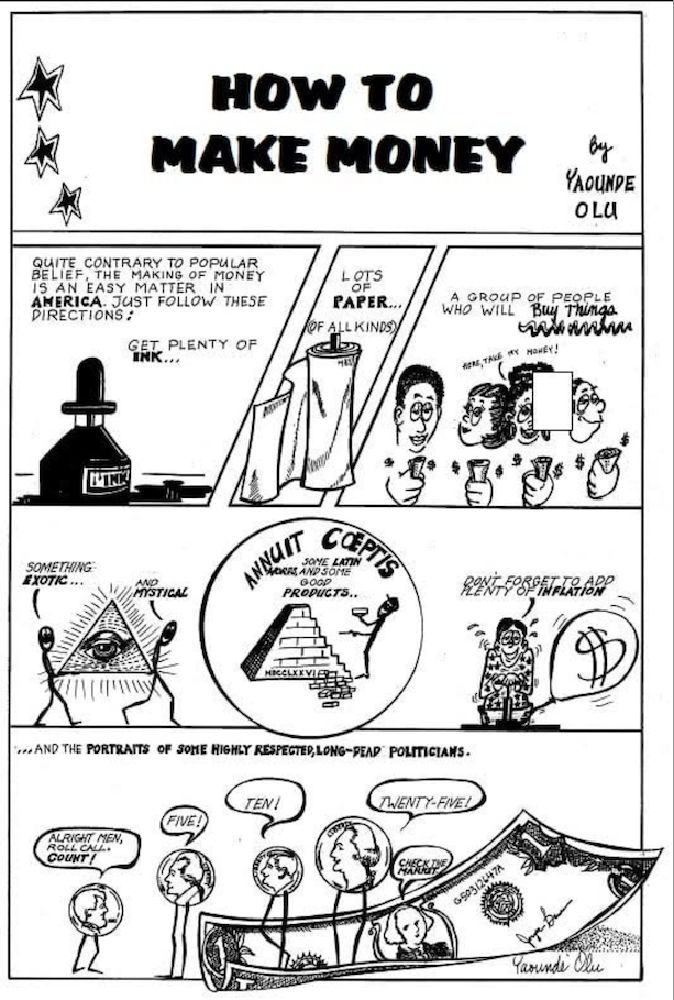 Image: Political comic, titled "How to Make Money" by Yaounde Olu. Image courtesy of the artist.