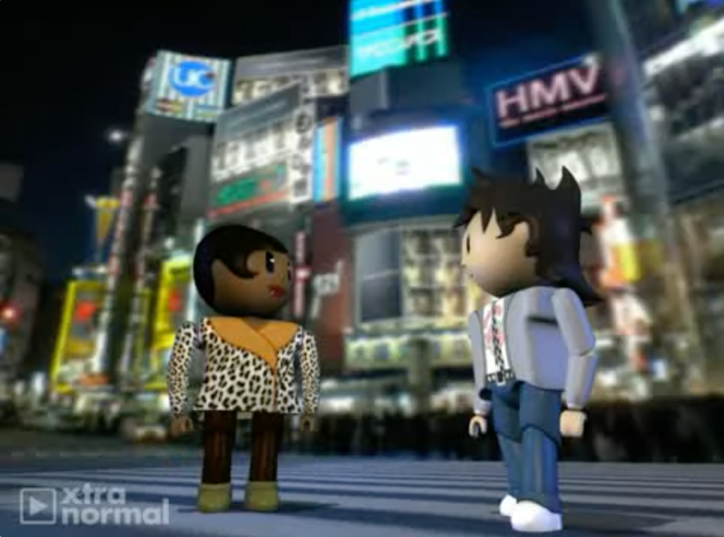 Image: "Still from Plumpetta's Palace" (2010). Two animated lego-like figures are engaged in conversation in a downtown metropolitan "Times Square"-like setting. Image by Yaoundé Olu.