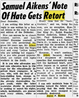 Image: Clipping from The Defender which shows Olu's op-ed piece, "Samuel Aiken's Note of Hate Gets Retort". Image retrieved from Newspapers.com.