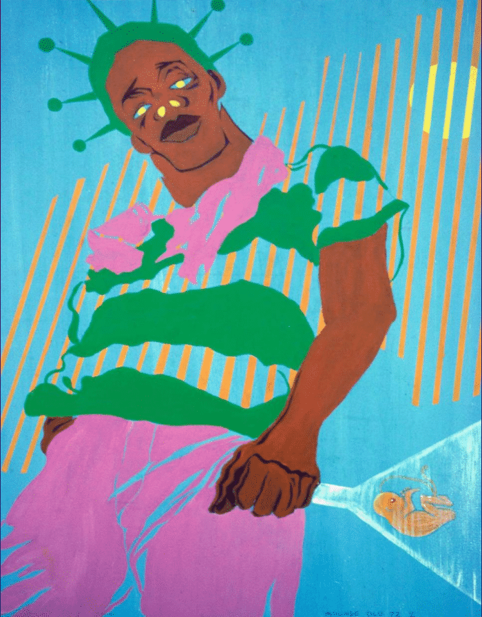Image: "Genius", acrylic on canvas, 1972, by Yaoundé Olu. It features a man with features absorbing rays from the sun and holding a glass funnel with an embryo in his left hand. His irises and nostrils are golden. Image courtesy of the artist.