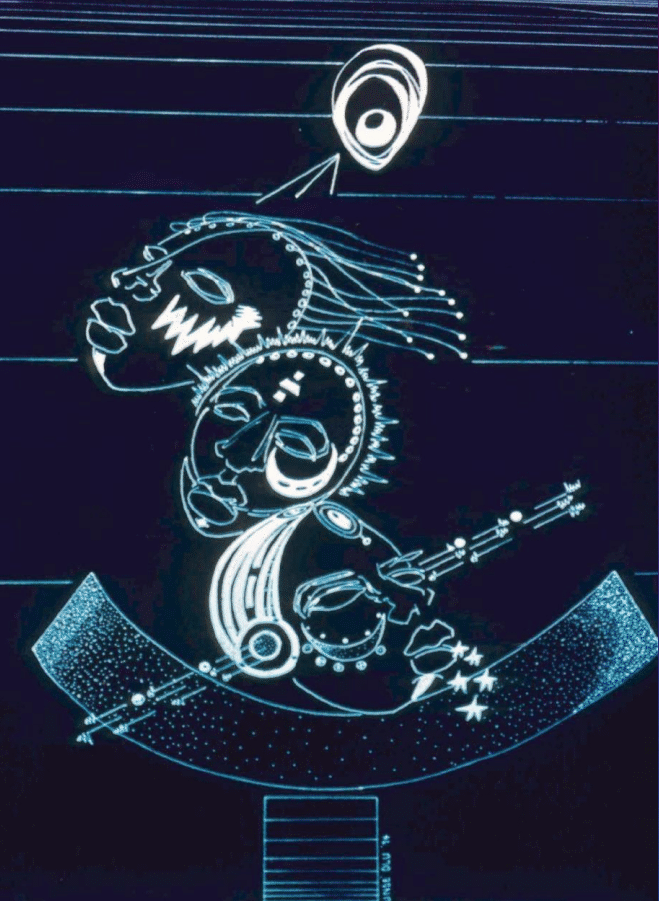 Image: "Star God from the Pleroma", reverse photostat, 1977. An early drawing by Yaoundé Olu featuring three spaces drawn in a way resembling African masks and tribal adornments on top of an a crescent shaped plinth. Beyond them, at the top of the painting is a vortex to another world. Image courtesy of the artist.