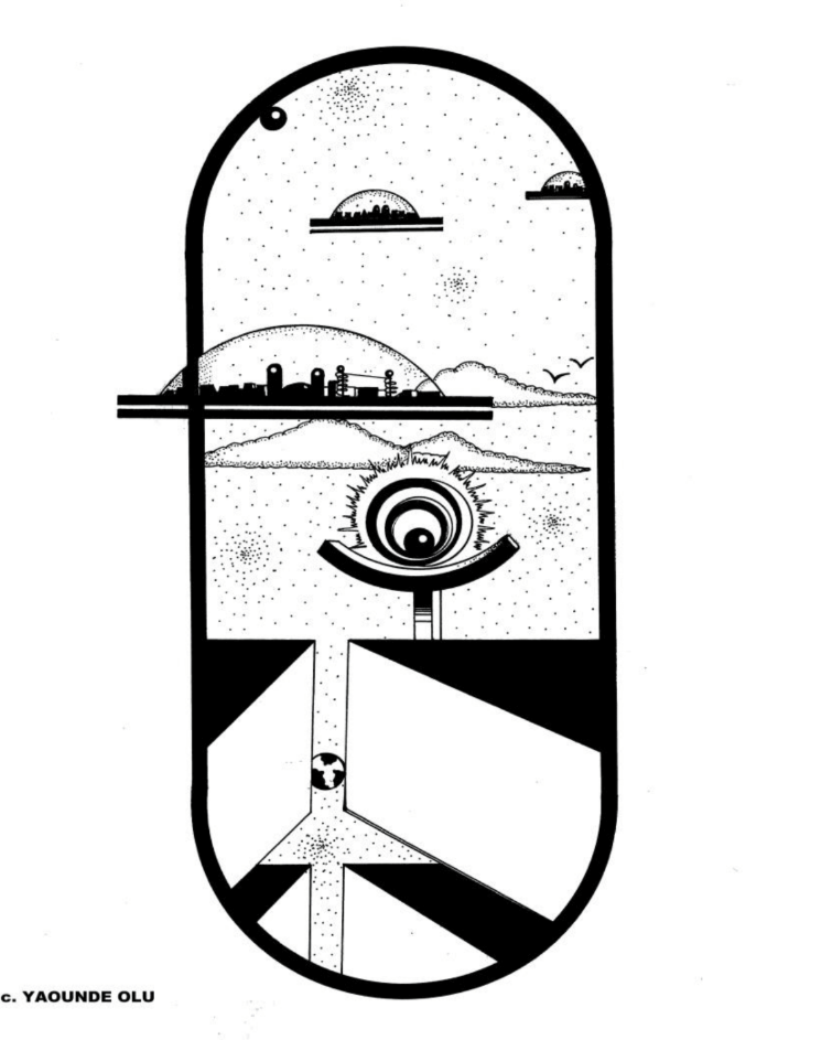 mage: "Hyperspace Totem", reverse photostat, circa 1974. An early black and white drawing by Yaoundé Olu featuring three tiers within a pill-shaped window: sky, earth and below ground all within the larger outer space. Image courtesy of the artist.