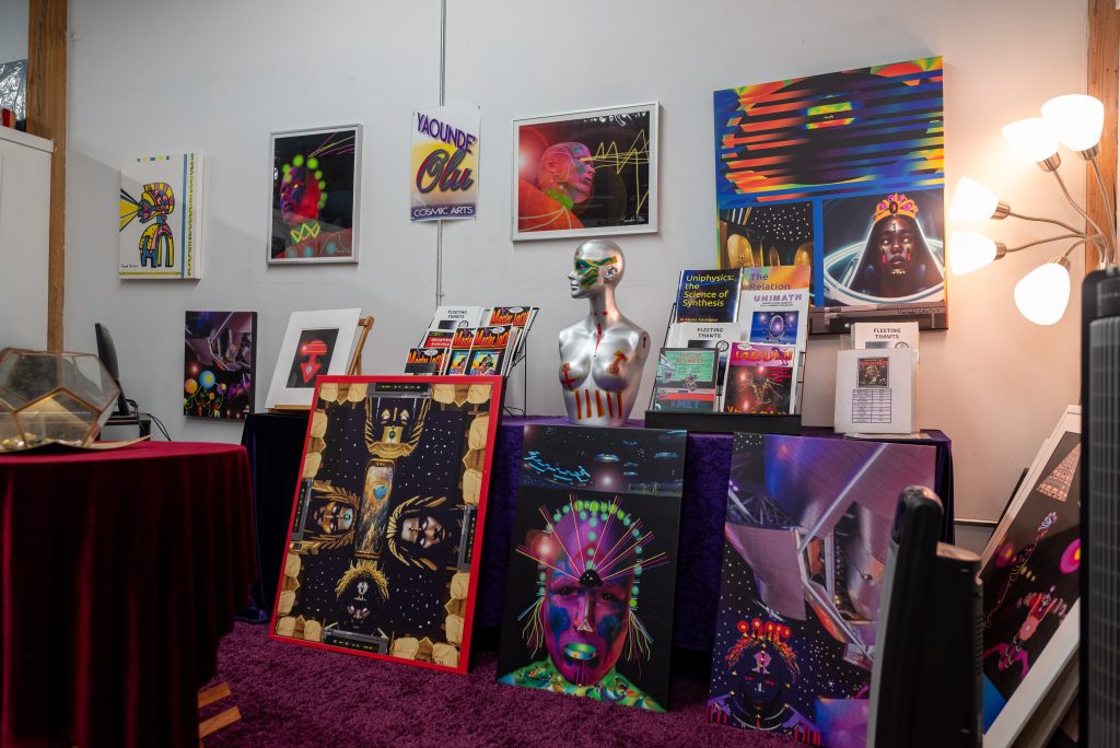 Image: An assortment of Yaounde's painting's and books can be seen hung and placed around her showroom Image courtesy of Tonal Simmons.