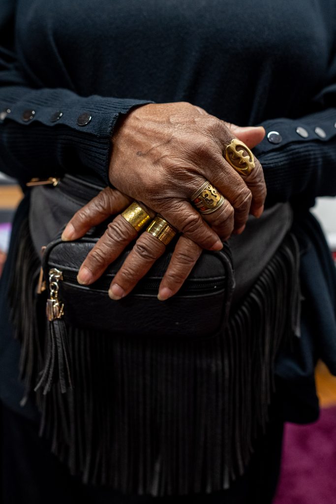 Image: Closeup of Olu's handmade golden rings which feature West African-reminiscent styles. Image by Tonal Simmons.