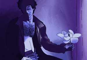 Image: A drawing of a man seated and holding a flower. His face is downturned, and his shirt and pants are unbuttoned, revealing his hairy chest and abdomen. The image is rendered in deep blues and purples. Illustration by Sammi Crowley.