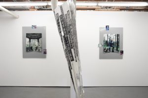 IAn installation view of Linye Jiang’s ‘Scavenger Hunt’. In the center hangs large quotes written by Jiang's father and on the left hangs My Parent, 2018, Archival inkjet print, mounted with magnetic tape on a metal board and to the right hangs My Father, 2018, Archival inkjet print, mounted with magnetic tape on a metal board. Photo courtesy 4th Ward Project Space.