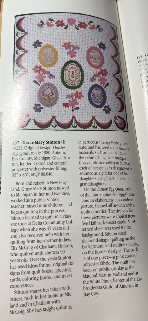 Photograph of a page detail featuring a quilt design created by Grace Stinton. Image courtesy of Veronica Kirin.