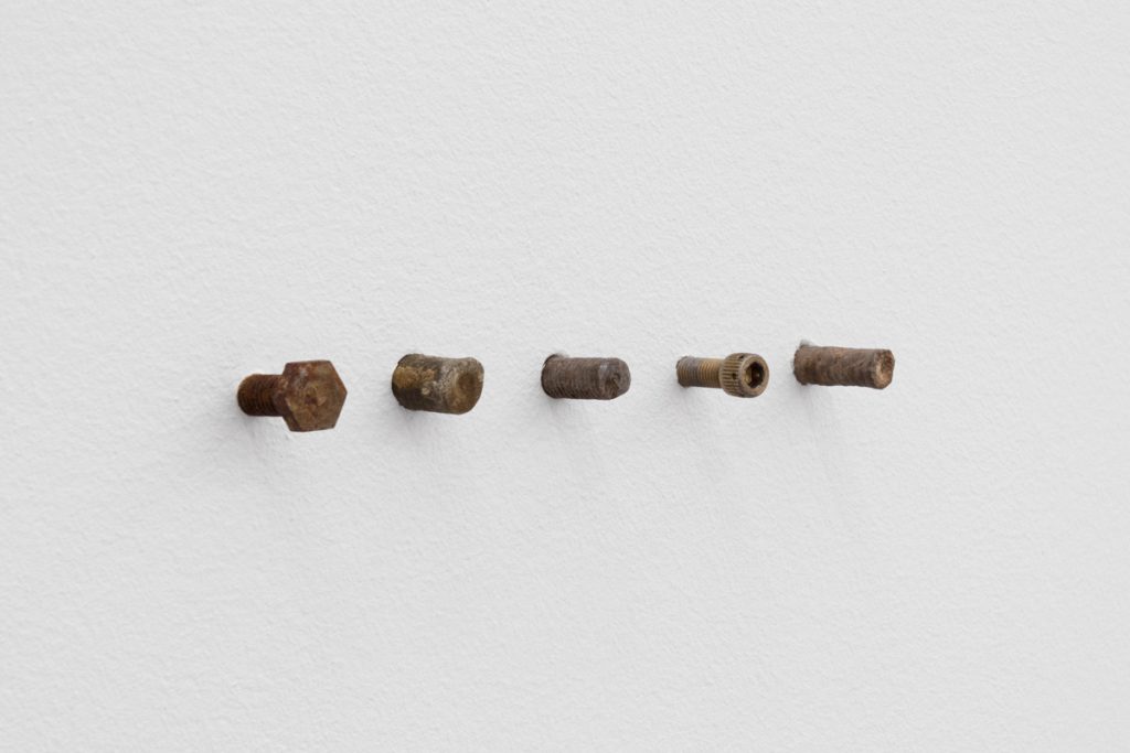 Image: virtud petrificante , 2024. Installation view, "A toxin threatens, but it also beckons," Gallery 400. Rusted screws on a white background which is the wall. Image courtesy of Prairie, Chicago.
