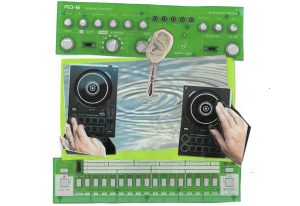 Image: Collage featuring a green drum machine between a puddle with hands DJ'ing on CDJ's on either side. An ear with a beaded earring dandles in the center above the puddle. Image by Bri Robinson (ni.quor).