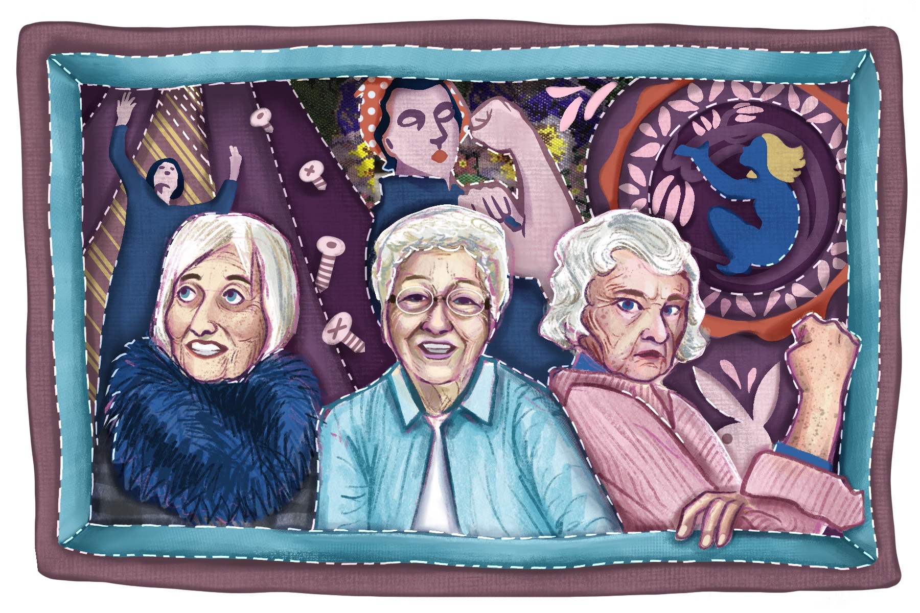 A digital illustration of Grace Stinton, Penny Gardner, and Harriet Berg at the center of the image inside of a stitch quilt. They are posing and smiling. Behind them are examples of their works--including beaded and quilted objects. The image is framed with stitched white lines. Illustration created by Julia O'Brien.