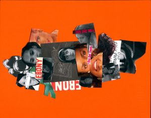 A glossy collage of magazine cutouts including various women and text from Ebony magazine are presented against a vibrant orange background. Illustration by kee merriweather.