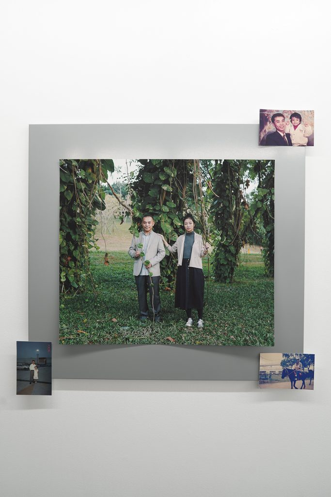 Me and My Father (2018), archival inkjet print mounted with magnetic tape on a metal board. Includes the following 4 × 6 inch prints, Family Archive Photographs (reprinted 2025), depicting the artist and her father, 1990, 1995, and 1996. Photo courtesy of the artist.