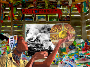 Image: a digital collage featuring the Detroit mural "The Spirit" (2021) by Waleed Elharith Johnson depicting a Black woman wearing a Detroit headscarf, beaded necklace, and holding a golden ball emanating rays of light in her outstretched hand. The mural also features a photo from the Heidleberg Projects which is the inside of a wooden shack filled with discarded sneakers colored with bright paint and a sign that reads “ART & COMMUNITY.” Finally the image contains an archival black and white photo of buildings burning during the 1967 Detroit Rebellion. Digital collage by Irina Zadov.