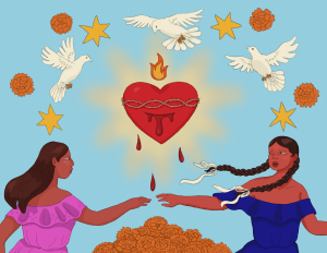 An illustration inspired by the poems in this collection depicts two brown femmes reaching their hand towards each other while a sagrado corazon surrounded by doves, marigolds, and stars. Created for Sixty by Miss Jaws.