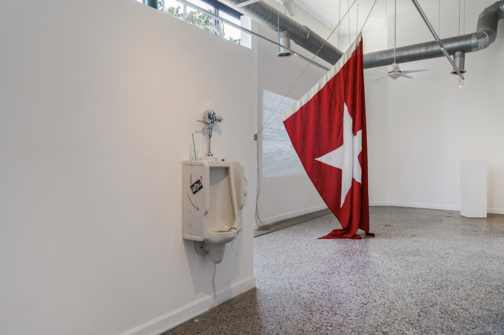 Installation view of "Pleasure Cruise" at Roots & Culture. A graffitied urinal is affixed to a gallery wall in the foreground. A large red flag with a white star in the center is suspended from the ceiling and a video of a waterfront is projected onto the white wall behind it. Photo by Jonas Mueller-Ahlheim.