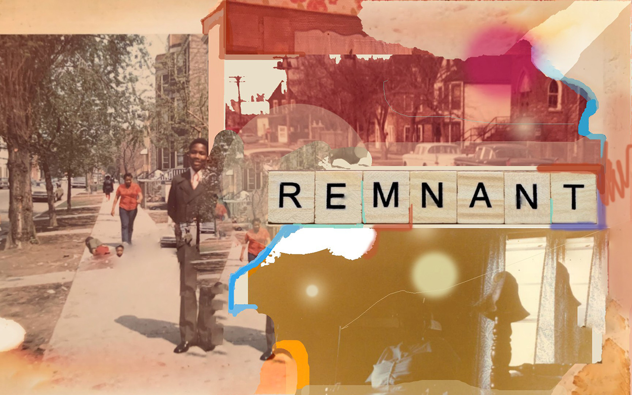 Image: A collage of aged images with torn or burned edges that overlap. They are in various shades of sepia and have a blurriness that real film cameras capture. The image is comprised of three or four separate images. The large, vertical image on the left features people of different ages walking down a tree-lined sidewalk with three-storied apartment buildings. On the right side of the image are two horizontal photographs: the top one features old cars parked on a street and the bottom one features the inside of a house but the only light comes through a window and casts the subject in shadow. All of the images have lens flashes and scratches. In the middle is the word REMNANT made from wooden pieces from the game Scrabble. The letters are black, capitalized, and stand out. Image by Andrea Coleman.