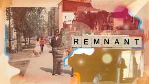 A collage of aged images with torn or burned edges that overlap. They are in various shades of sepia and have a blurriness that real film cameras capture. The image is comprised of three or four separate images. The large, vertical image on the left features people of different ages walking down a tree-lined sidewalk with three-storied apartment buildings. On the right side of the image are two horizontal photographs: the top one features old cars parked on a street and the bottom one features the inside of a house but the only light comes through a window and casts the subject in shadow. All of the images have lens flashes and scratches. In the middle is the word REMNANT made from wooden pieces from the game Scrabble. The letters are black, capitalized, and stand out. Image by Andrea Coleman.