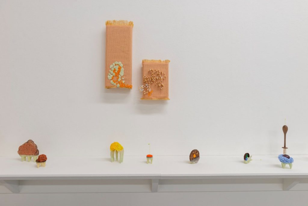 Installation view, Sofia Fernández Díaz: Y LUEGO BAILARON / AND THEN THEY DANCED, 2023. Small, wax sculptures are arranged on a white ledge. They are different shades of yellow, blue, brown, red, and pale green and have different textures. Long, cloth-like pieces are hung on the wall above them. Photo by Ry Thiel. Courtesy of Goldfinch